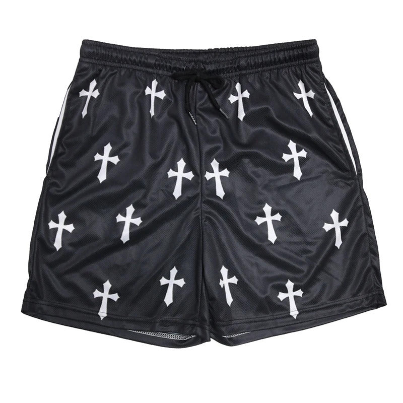American-style Vintage Angel Cross Print Mesh Shorts Men's Athletic Shorts