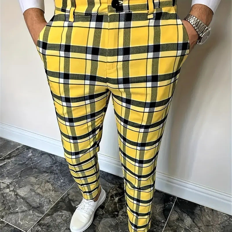 Square-grid Geometric Print Slim-fit Tailored Suit Pants That Flatter The Figure And Create A Slimming Effect