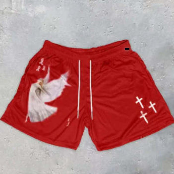 American-style Vintage Angel Cross Print Mesh Shorts Men's Athletic Shorts