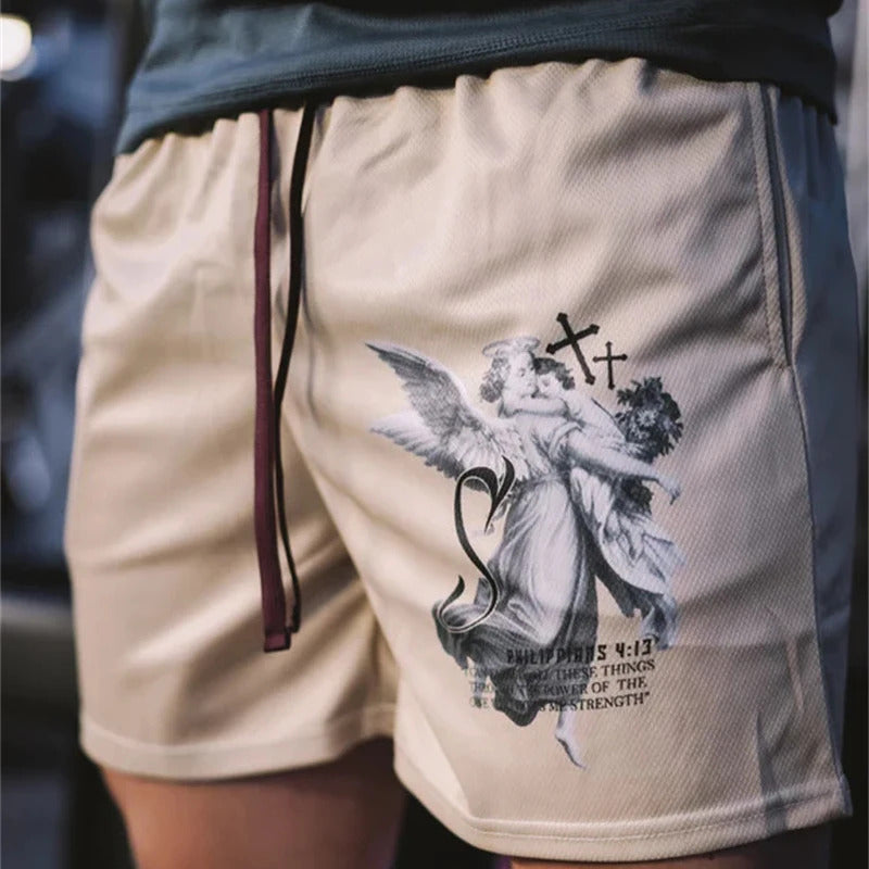 American-style Vintage Angel Cross Print Mesh Shorts Men's Athletic Shorts