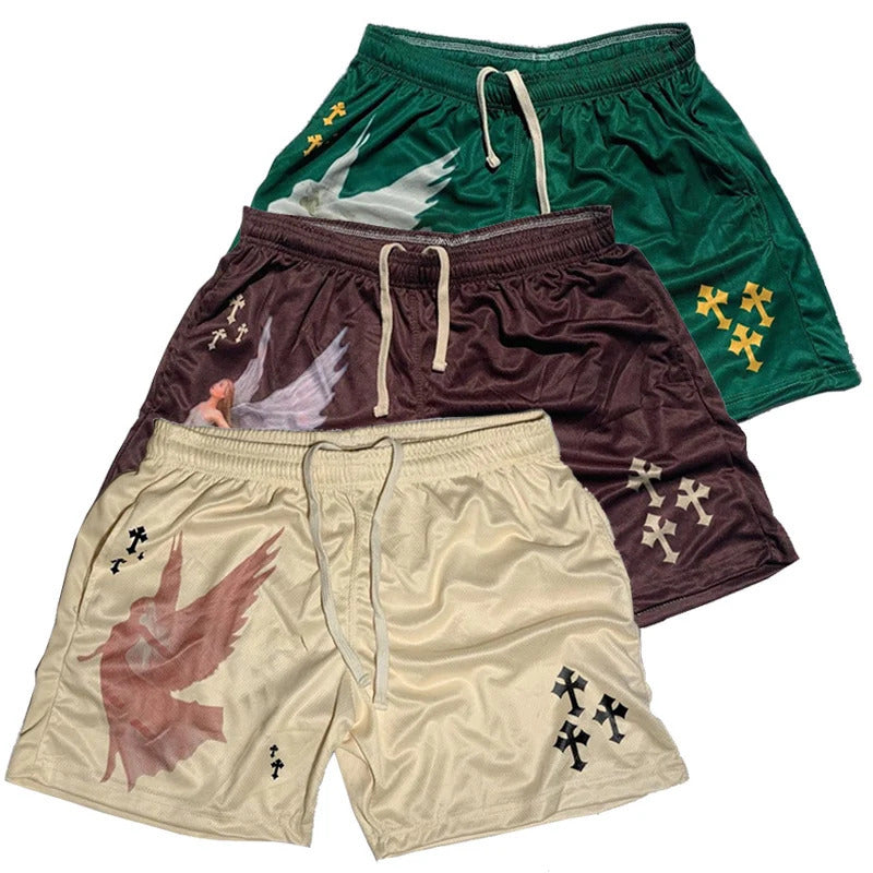 American-style Vintage Angel Cross Print Mesh Shorts Men's Athletic Shorts